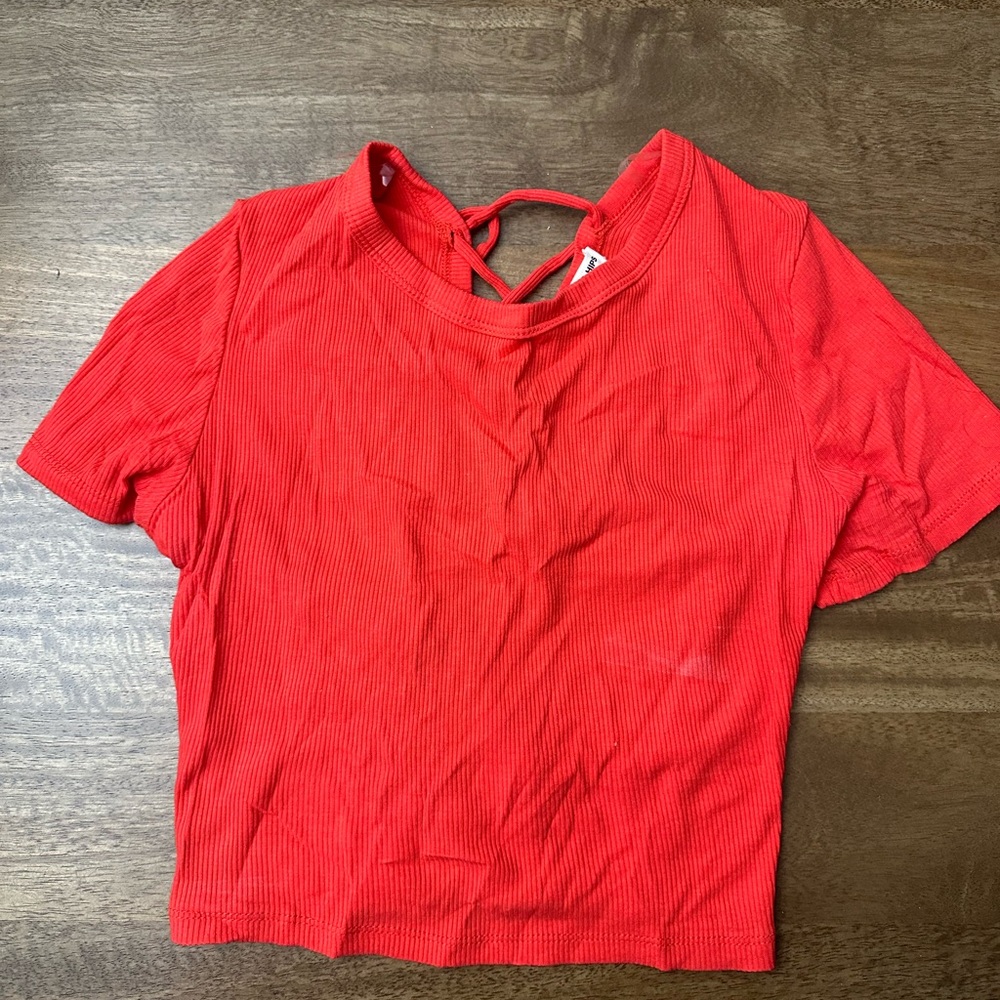 Red Ribbed Short Sleeve Top